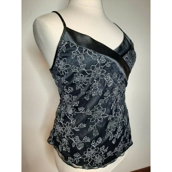 Vtg 90's  Black Satin Chiffon Floral Tank Large - Picture 5 of 11
